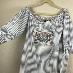 Candalite Petite Striped Off-Shoulder Tunic Top Nautical Print Tie Sleeve Sz XLP